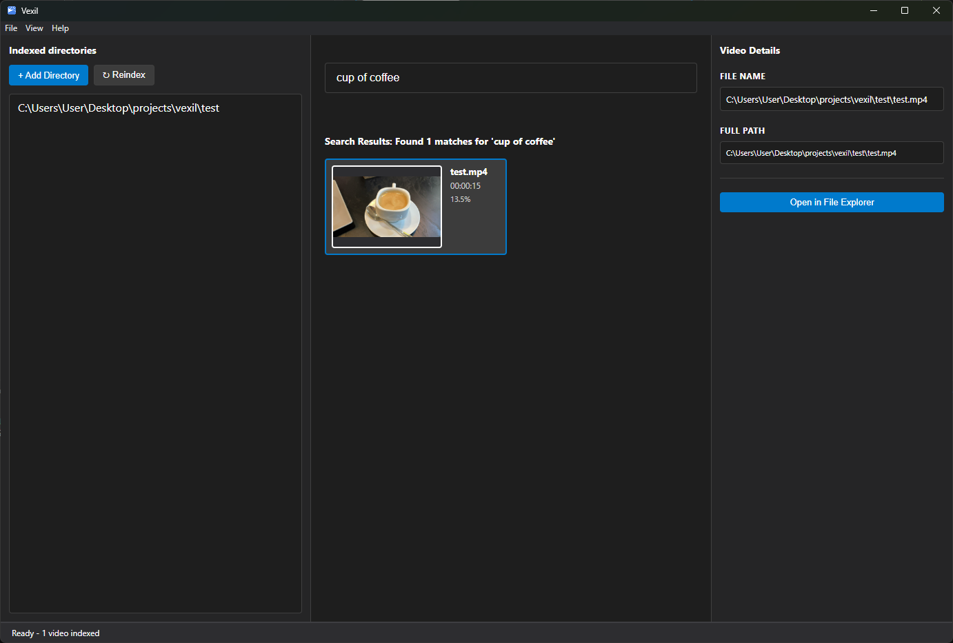 Vexil application interface showing video search results